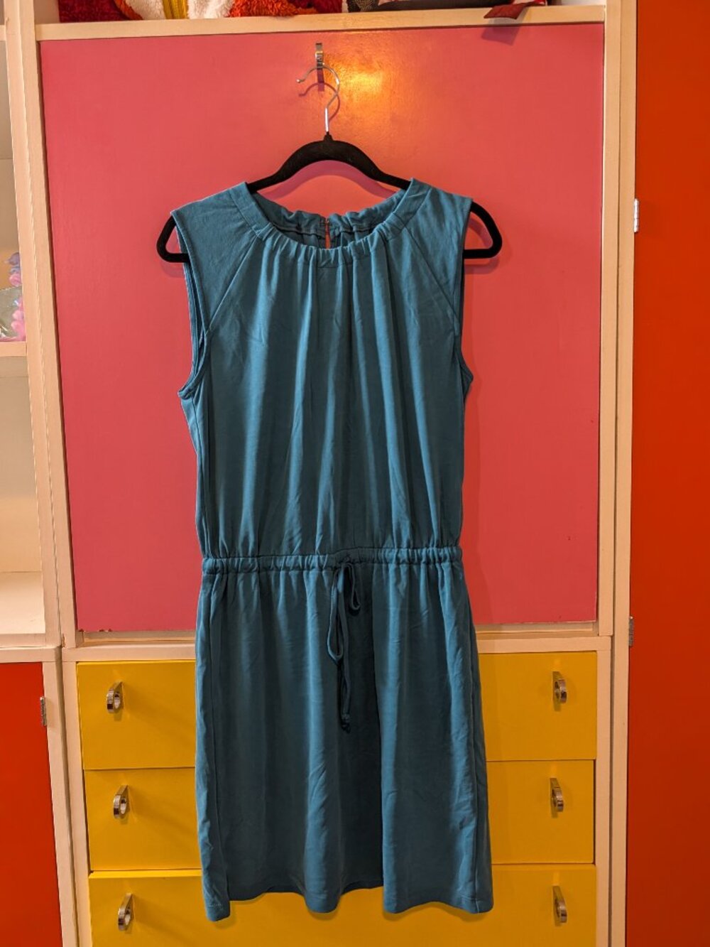 LOFT Teal Sleeveless Drawstring Waist Dress | Ruffle Neck | Size S